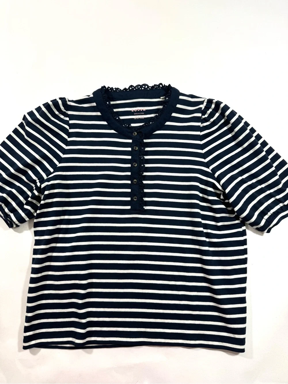 Boden Puff Sleeve Henley Top Preppy Nautical Stripe